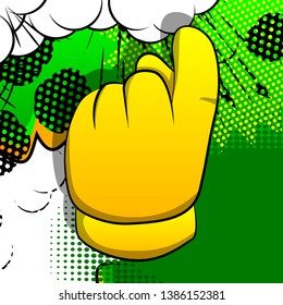 Vector cartoon hand showing invitation sign. Illustrated hand sign on comic book background.