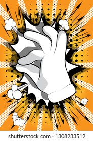 Vector cartoon hand showing ok sign. Illustrated hand sign on comic book background.