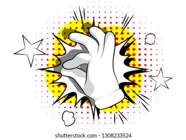 Vector cartoon hand showing ok sign. Illustrated hand sign on comic book background.