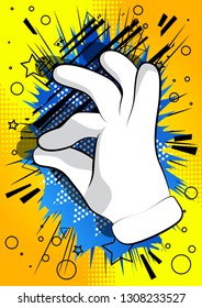 Vector cartoon hand showing ok sign. Illustrated hand sign on comic book background.