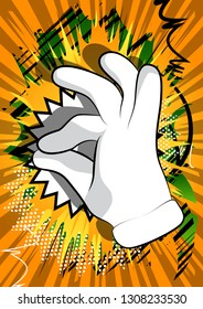Vector cartoon hand showing ok sign. Illustrated hand sign on comic book background.