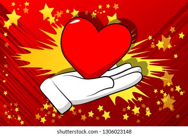 Vector cartoon hand showing red heart. Illustrated sign on comic book background.