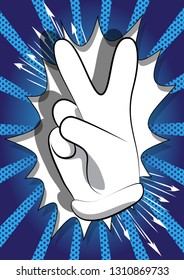 Vector cartoon hand showing the V sign. Illustrated hand sign on comic book background.