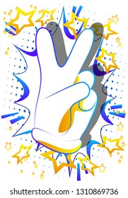 Vector cartoon hand showing the V sign. Illustrated hand sign on comic book background.