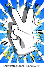 Vector cartoon hand showing the V sign. Illustrated hand sign on comic book background.