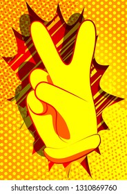 Vector cartoon hand showing the V sign. Illustrated hand sign on comic book background.