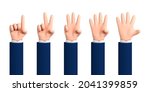 Vector cartoon hand shows fingers, counting from one to five isolated on white background. Cartoon set of counting hands. Hands gesture numbers.