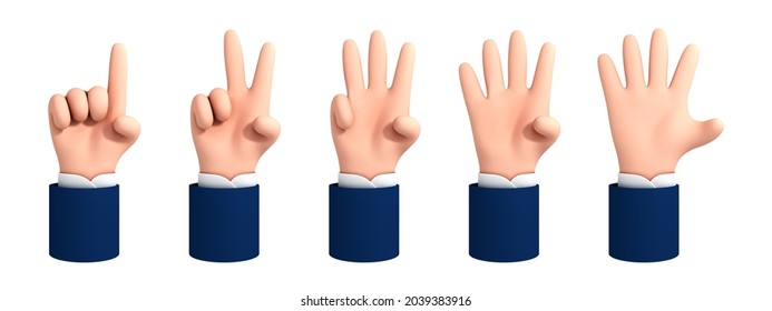 Vector cartoon hand shows fingers, counting from one to five isolated on white background. Cartoon set of counting hands. Hands gesture numbers.