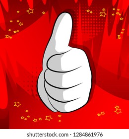 Vector cartoon hand thumbs up. Illustrated Like hand sign on comic book background.