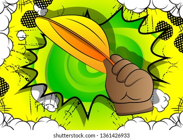 Vector cartoon hand tipping a hat. Illustrated hand on comic book background.