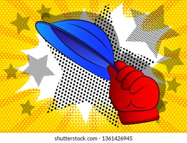 Vector cartoon hand tipping a hat. Illustrated hand on comic book background.