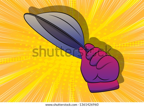 Vector cartoon hand tipping a hat.\
Illustrated hand on comic book\
background.
