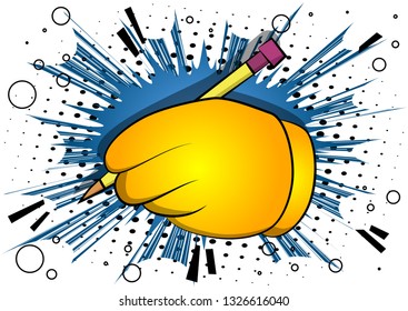Vector cartoon hand writing with pencil. Illustrated sign on comic book background.