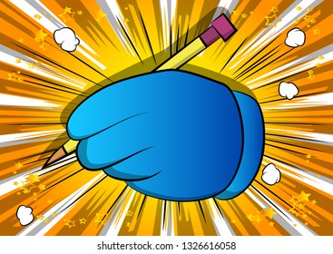 Vector cartoon hand writing with pencil. Illustrated sign on comic book background.