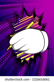 Vector cartoon hand writing with pencil. Illustrated sign on comic book background.