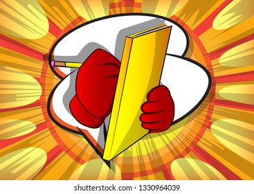 Vector cartoon hand writing with pencil on a books cover. Illustrated sign on comic book background.