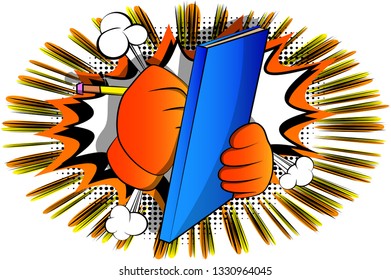 Vector cartoon hand writing with pencil on a books cover. Illustrated sign on comic book background.