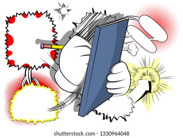 Vector cartoon hand writing with pencil on a books cover. Illustrated sign on comic book background.