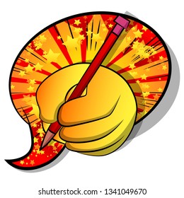 Vector cartoon hand writing with pencil. Illustrated sign on comic book background.