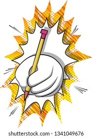 Vector cartoon hand writing with pencil. Illustrated sign on comic book background.