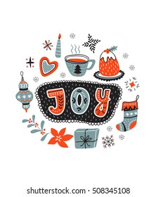 Vector cartoon hand-drawn card with traditional yummy Christmas desserts, cup and toys isolated on white background. Ornamental christmas lettering - JOY