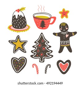 Vector cartoon hand-drawn collection of traditional yummy Christmas desserts, isolated on white background. Cup and gingerbread isolated on the white background.