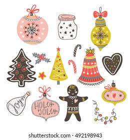  Vector cartoon hand-drawn collection of traditional Christmas set, isolated on white background - toy balls, bow, gingerbread man, tree, star and heart. 