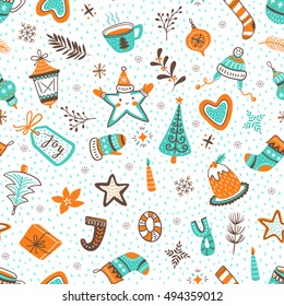 Vector cartoon hand-drawn collection of traditional Christmas set, seamless pattern. New year background.