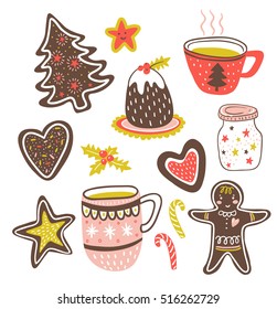 Vector cartoon hand-drawn collection of traditional yummy Christmas desserts, isolated on white background. Cup and gingerbread isolated on the white background.