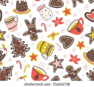 Vector cartoon hand-drawn collection of traditional yummy Christmas desserts, isolated on white background. Seamless new year pattern.