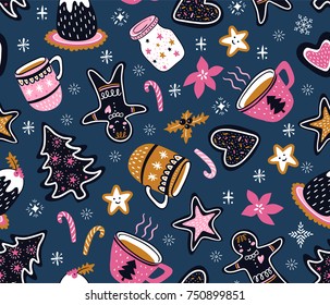 Vector cartoon hand-drawn collection of traditional yummy Christmas desserts, isolated on white background. Seamless new year pattern.