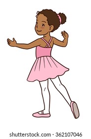 Vector Cartoon Hand-drawn Illustration Of A Dark Skinned Cute Little Ballerina Girl, Standing In A Ballet Position With Pointed Toe And Arms To The Sides, Wearing Pink Tutu, And Leotard.