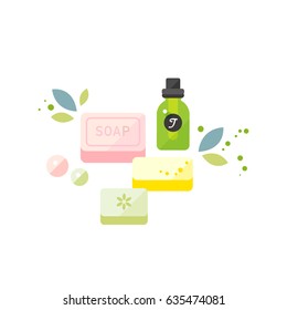 vector cartoon handmade soap and essential oil / organic soap making / skin care concept / white background