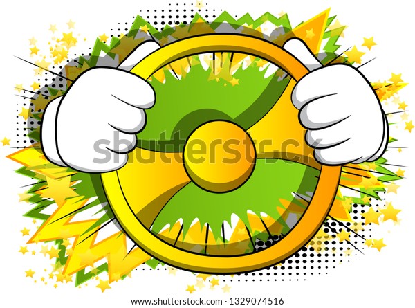 Vector cartoon hands\
driving, holding a steering wheel. Illustrated hand gesture on\
comic book background.