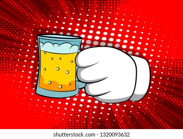 Vector cartoon hands holding a beer. Illustrated sign on comic book background.