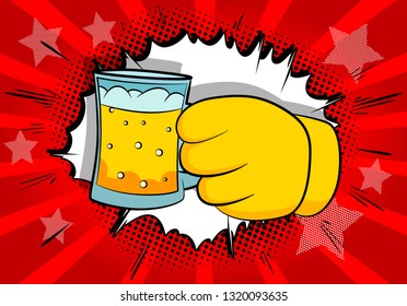 Vector cartoon hands holding a beer. Illustrated sign on comic book background.