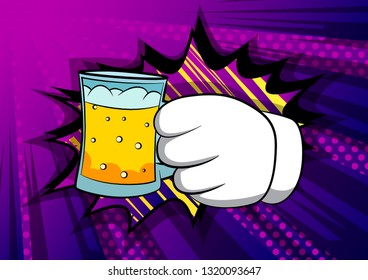 Vector cartoon hands holding a beer. Illustrated sign on comic book background.