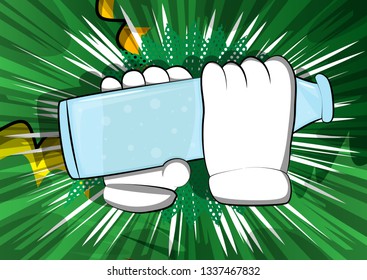Vector cartoon hands holding a beer. Illustrated sign on comic book background.