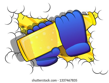 Vector cartoon hands holding a beer. Illustrated sign on comic book background.