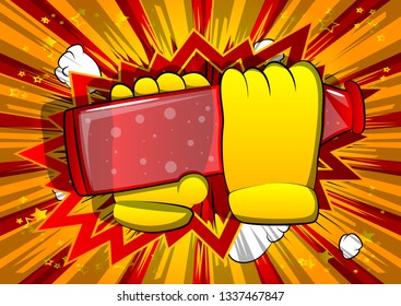 Vector cartoon hands holding a beer. Illustrated sign on comic book background.