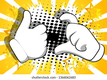 Vector cartoon hands making friendzone symbol. Illustrated hands on comic book background.