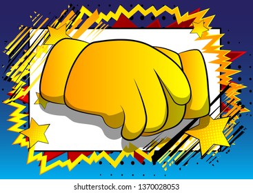 Vector cartoon hands making handshake. Illustrated hand sign on comic book background.