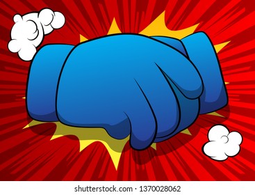 Vector cartoon hands making handshake. Illustrated hand sign on comic book background.