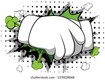 Vector cartoon hands making handshake. Illustrated hand sign on comic book background.