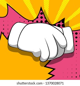 Vector cartoon hands making handshake. Illustrated hand sign on comic book background.