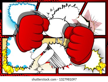 Vector cartoon hands ready to fight. Illustrated hand sign on comic book background.
