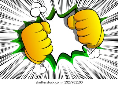 Vector cartoon hands ready to fight. Illustrated hand sign on comic book background.