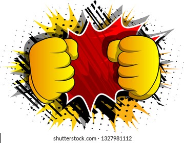 Vector cartoon hands ready to fight. Illustrated hand sign on comic book background.