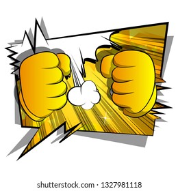 Vector cartoon hands ready to fight. Illustrated hand sign on comic book background.