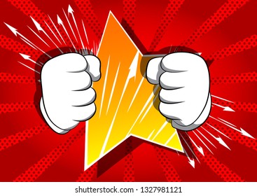 Vector cartoon hands ready to fight. Illustrated hand sign on comic book background.